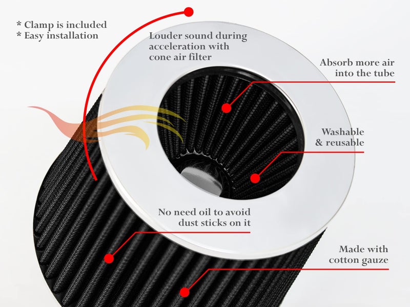 Rtunes Racing BLACK 4" 102 mm Inlet Truck Cold Air Cone Replacement Performance Washable Clamp-On Dry Air Filter (8" Tall) - Image 5